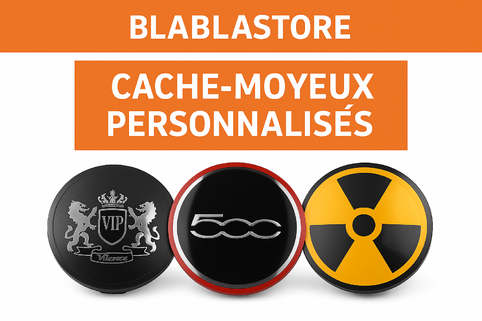Bannière montrant plusieurs modèles de cache-moyeux personnalisés